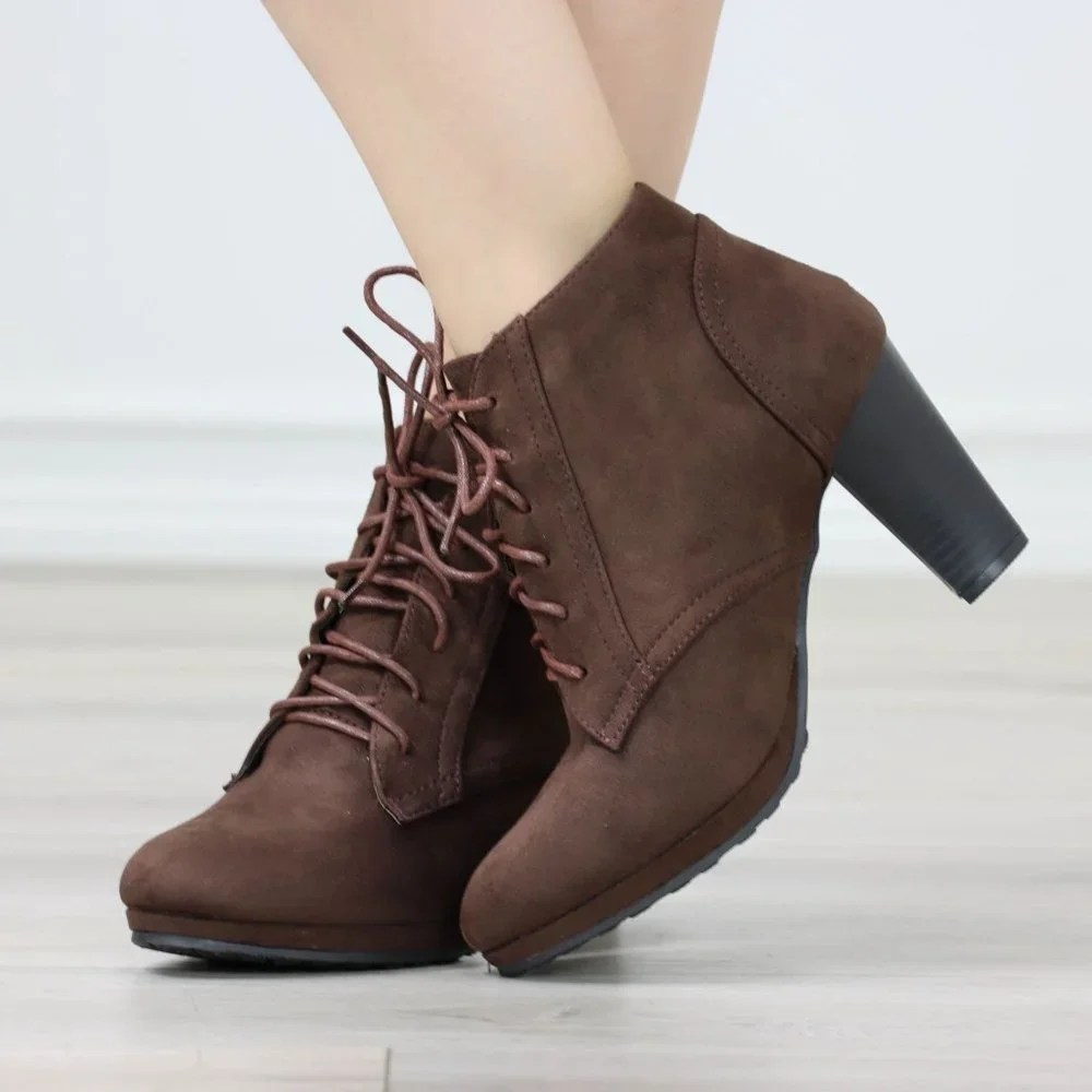 Womens Ankle Boots Lace Up Block Heel Booties Brown Faux Suede - Picture 6 of 11